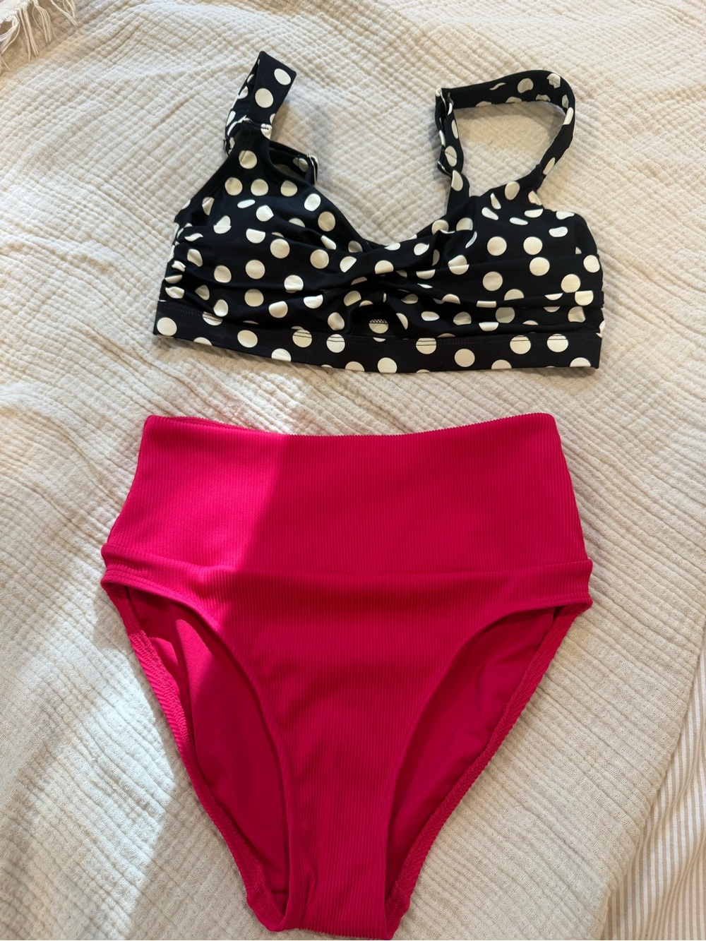 Lands' End Black Polka Dot Bikini Top with Bright Pink Bottom
